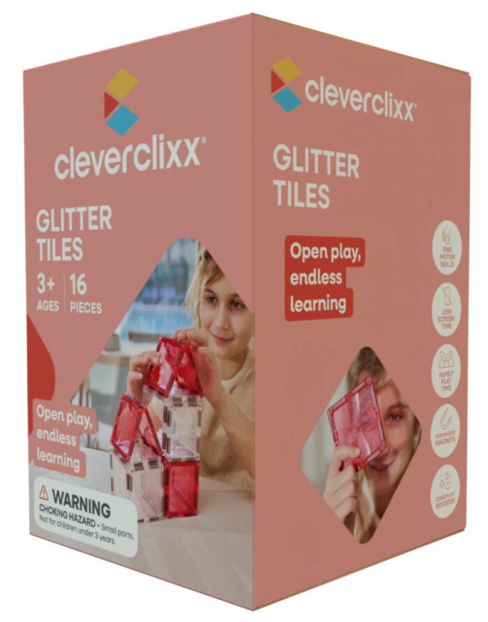 Cleverclixx. Μαγνητικά πλακίδια Glitter Tiles Pack Transparent / Pink | 16 κομμάτια