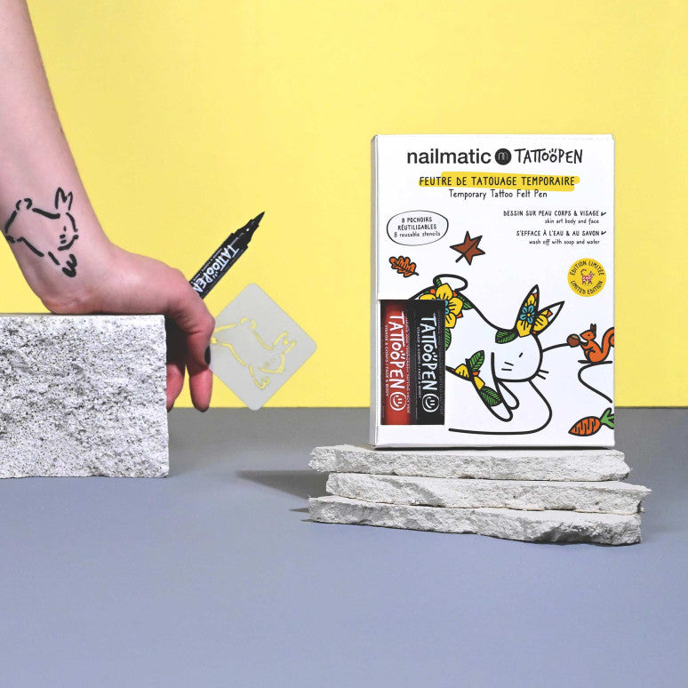 NAILMATIC. Σετ ζωγραφικής δέρματος Tattoopen με στένσιλ The Rabbit by Ami Imaginaire