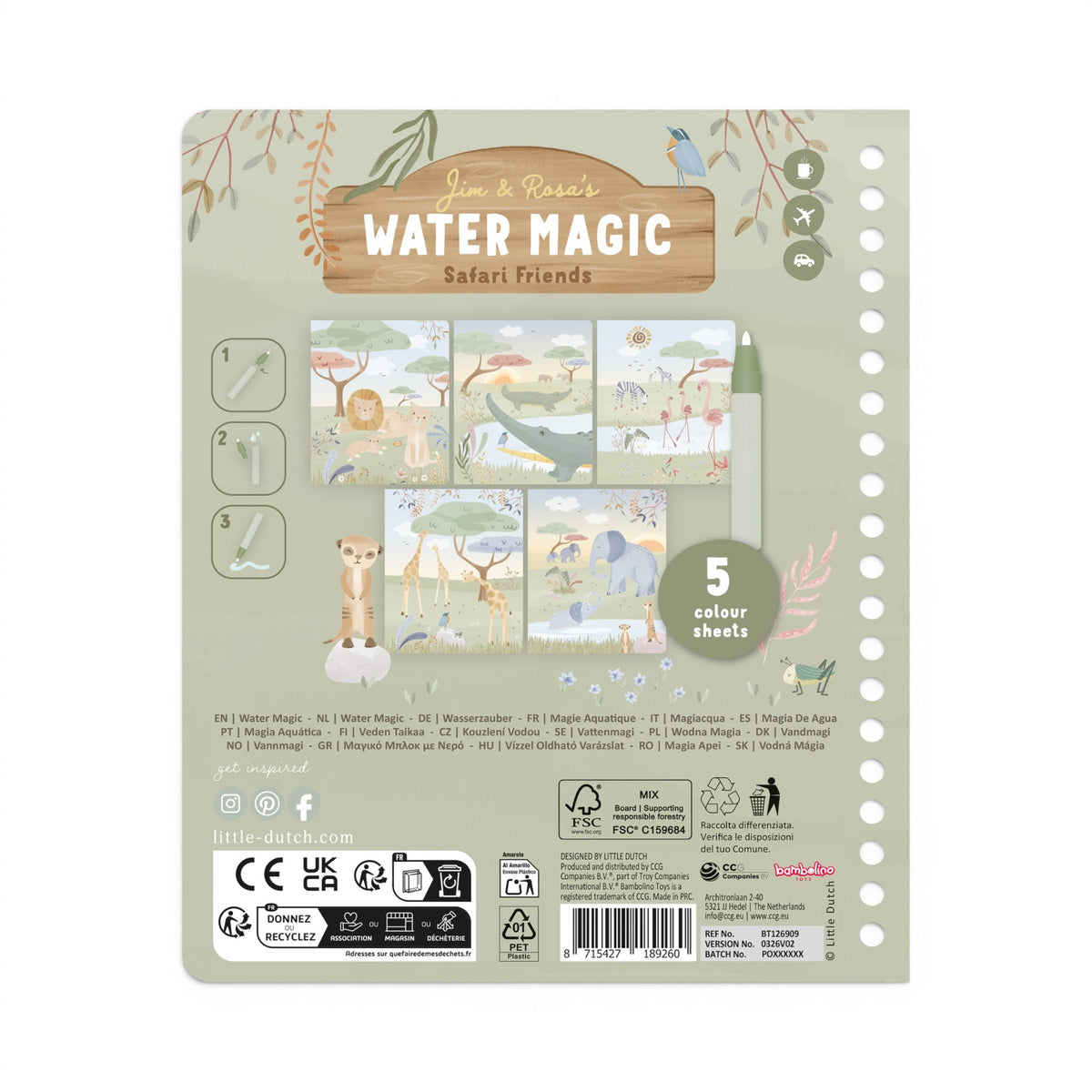 LITTLE DUTCH. Βιβλίο ζωγραφικής Water reveal Rosa Safari Friends