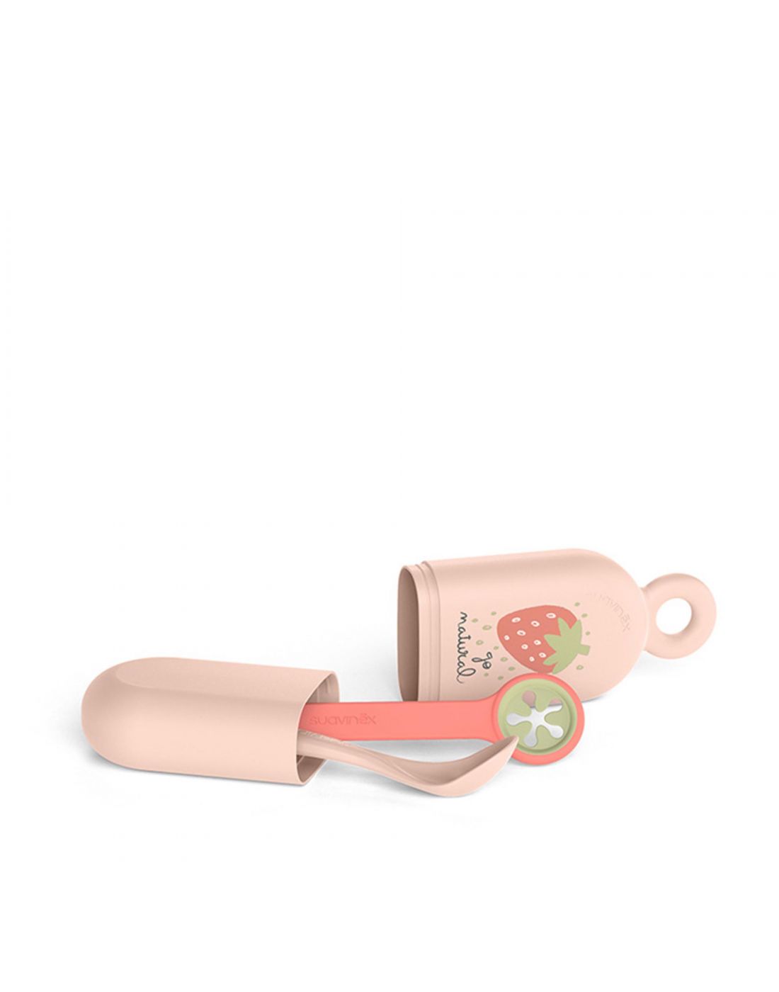 Suavinex. On the go set: spoon + spoon holder + bib clip Strawberry